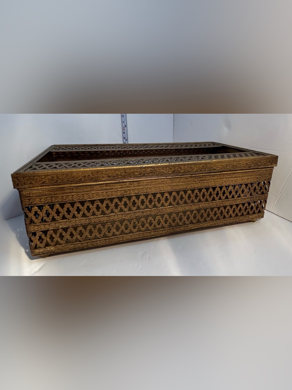 Mid Century Hollywood Regency Gold Metal Ornate Filigree Tissue Box